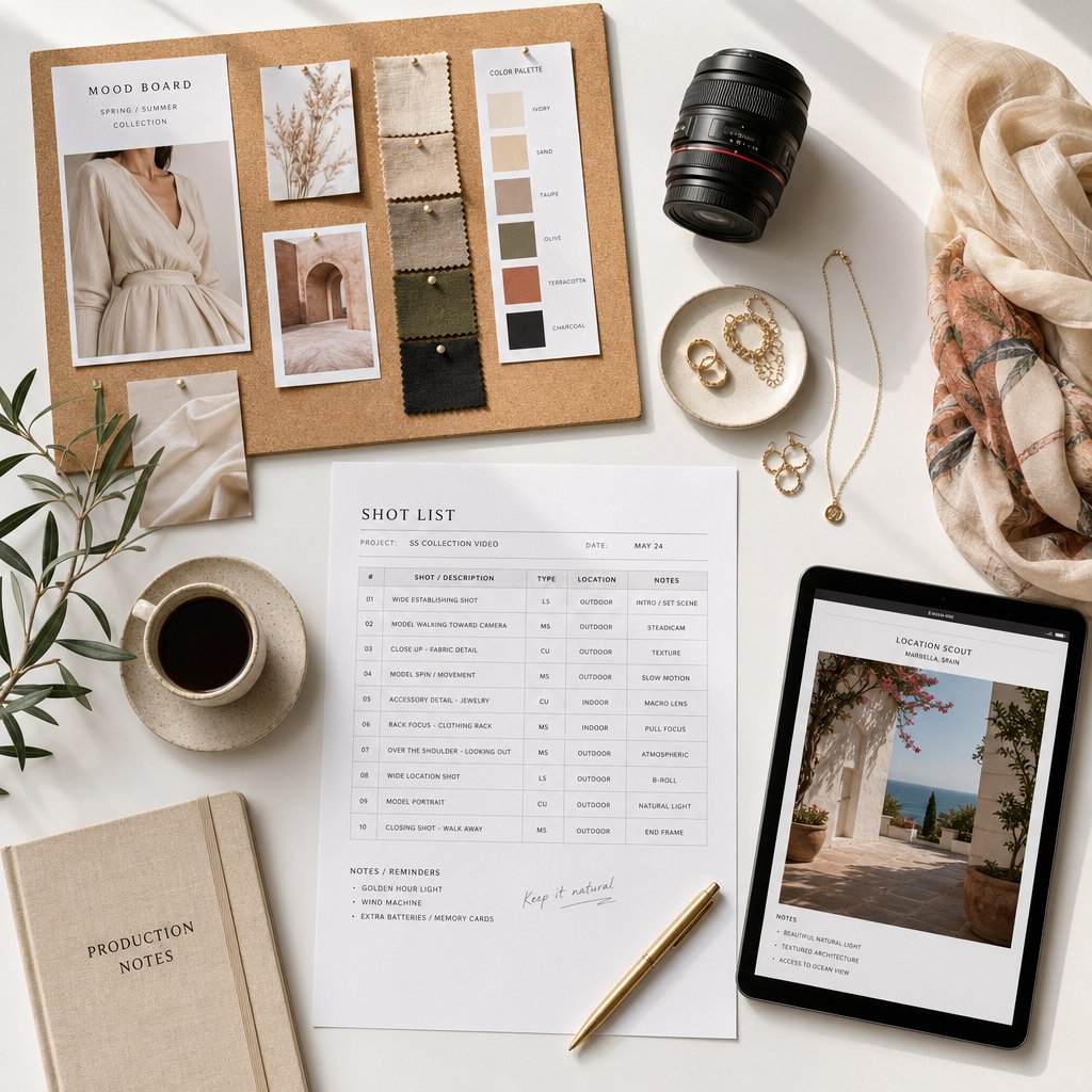 pre production planning essentials for a fashion video shoot including mood boards and shot lists
