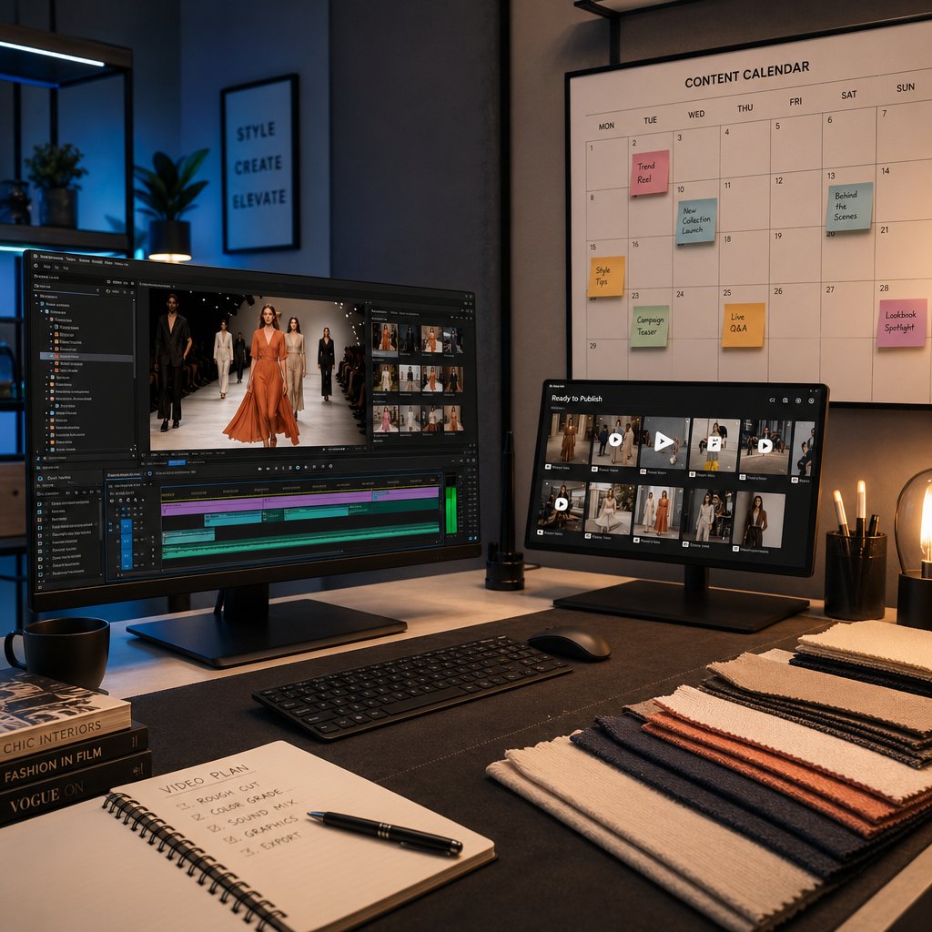 a streamlined fashion video workflow workspace balancing creative tools with organized production systems