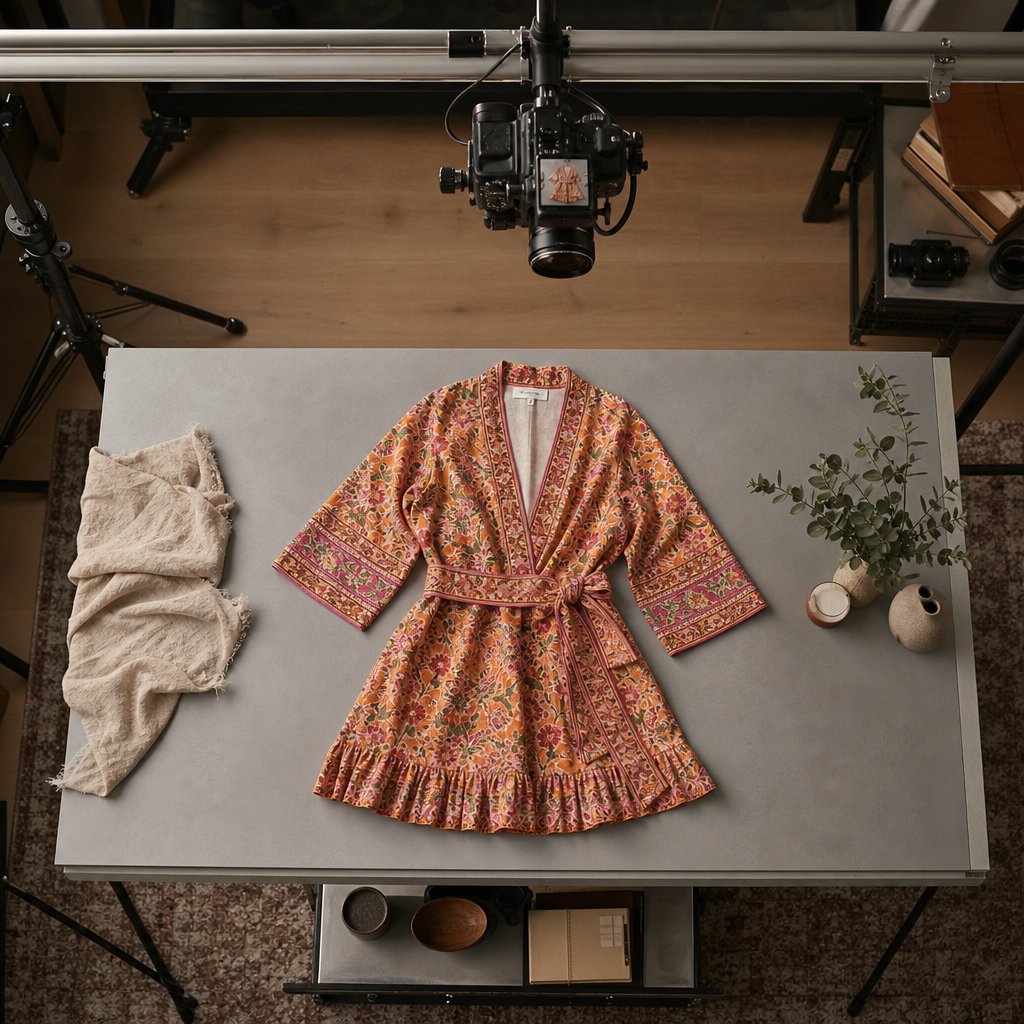 a professional flat lay photography station set up for color accurate apparel capture with overhead lighting and neutral background
