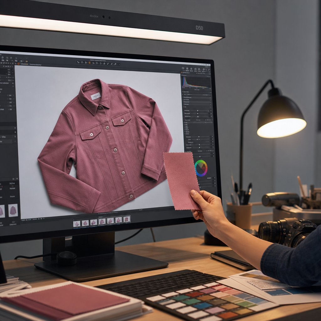 comparing a physical fabric swatch against the on screen image under controlled viewing light for final color verification
