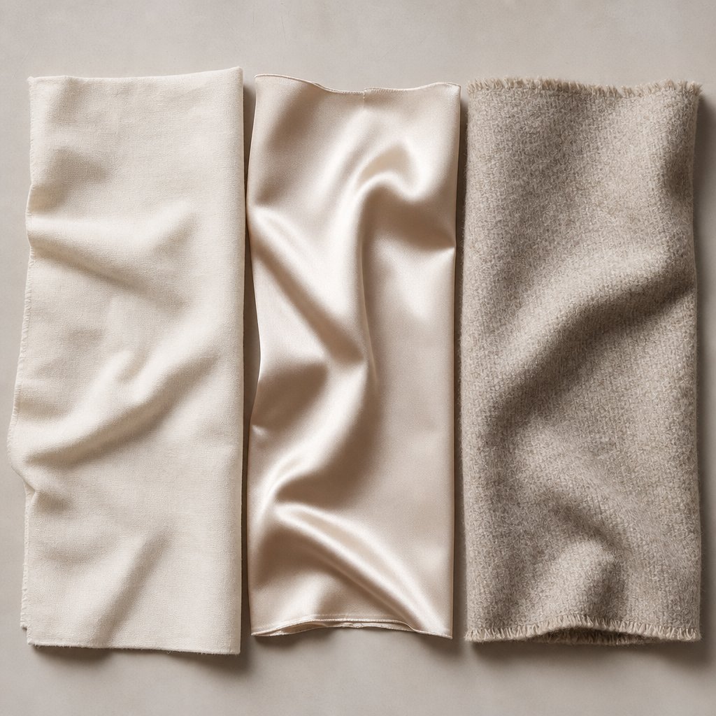 different fabric types under identical lighting showing how surface texture affects color rendering in flat lay photography