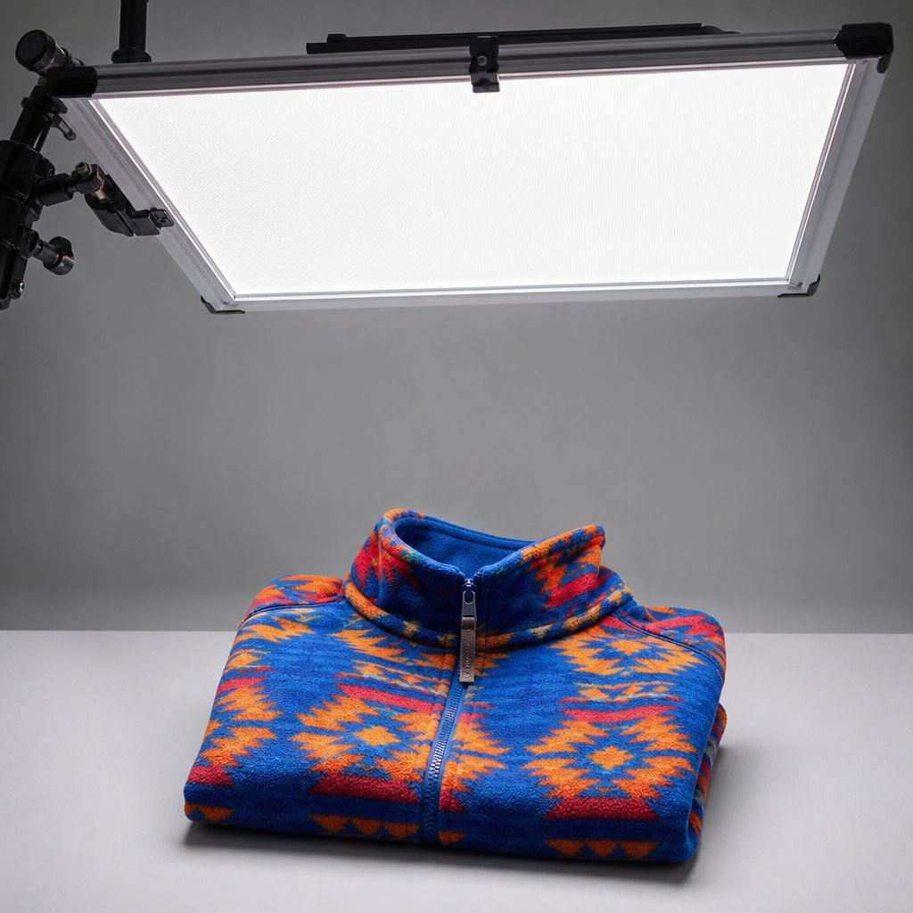 high cri led panel with diffusion frame delivering even color accurate light across a flat lay garment surface