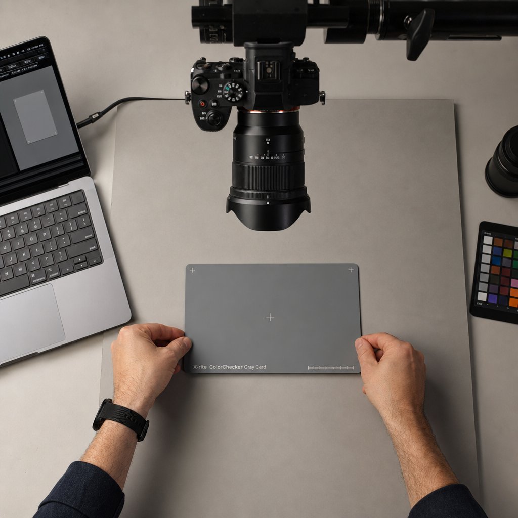 setting custom white balance with a gray card placed on the flat lay shooting surface for precise color calibration