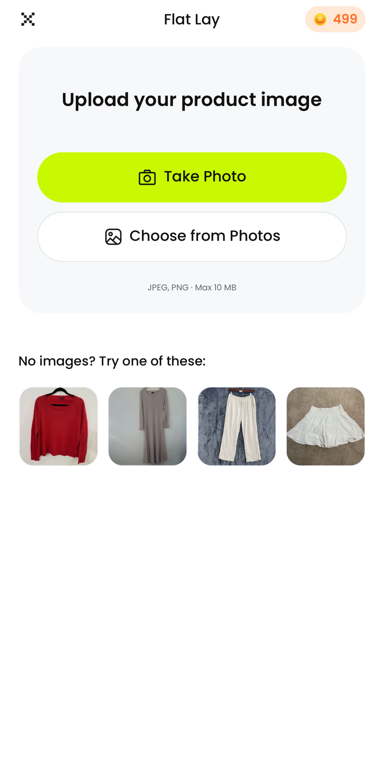Snappyit Flat Lay upload screen with Take Photo and Choose from Photos options