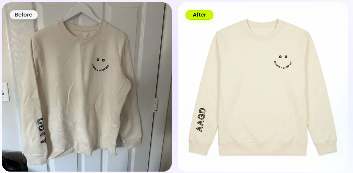 Cream printed sweatshirt shown as a hanger photo and a flat lay in a before-and-after comparison