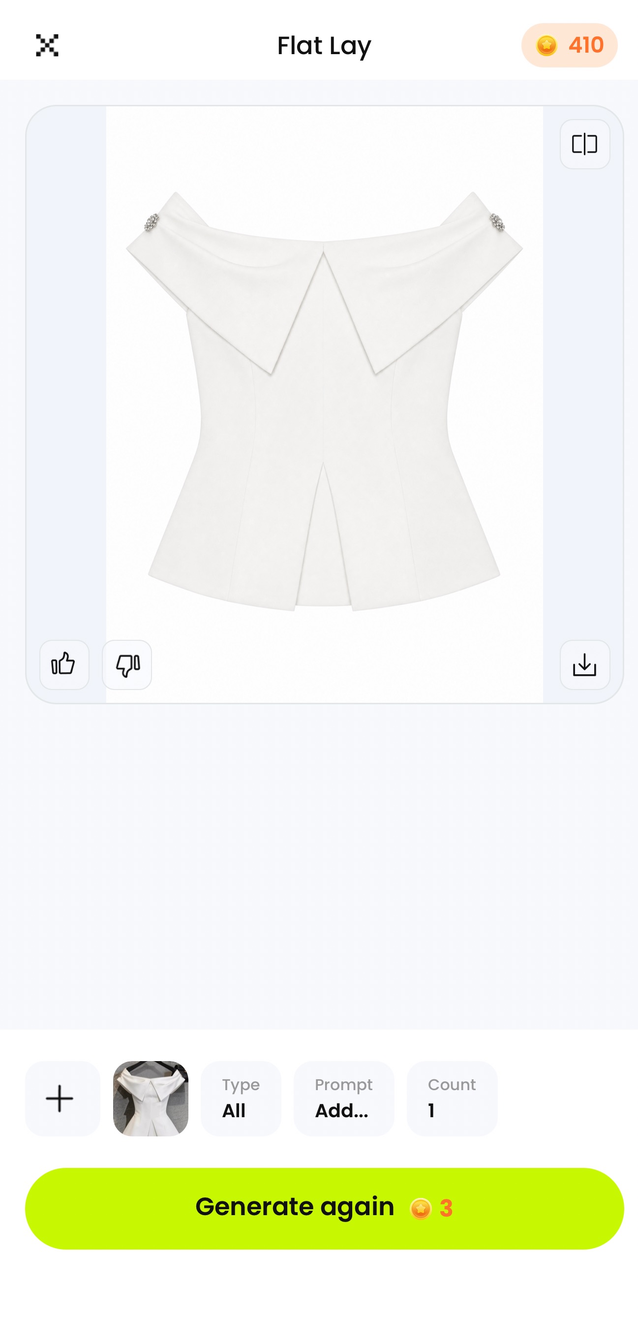 Flat Lay result screen showing the white off-shoulder peplum top and its matching source thumbnail