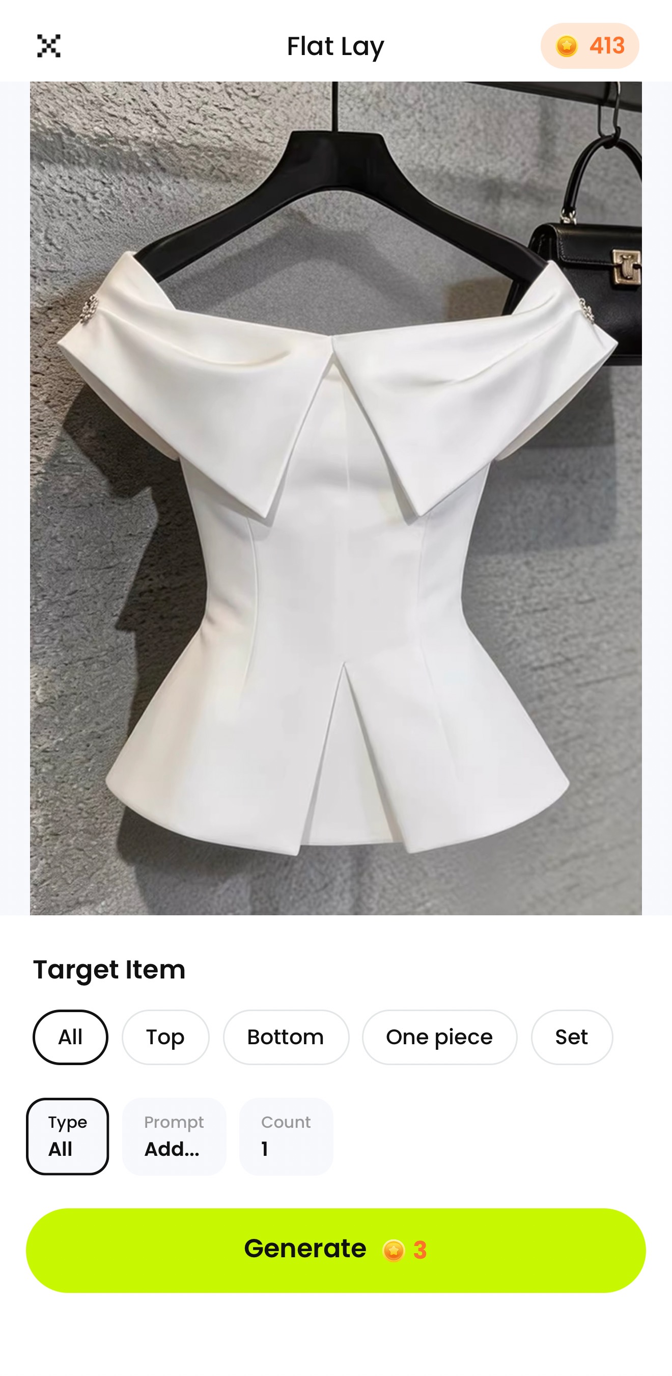 Flat Lay workspace showing a white off-shoulder peplum top, All selected, Prompt blank, and Count 1