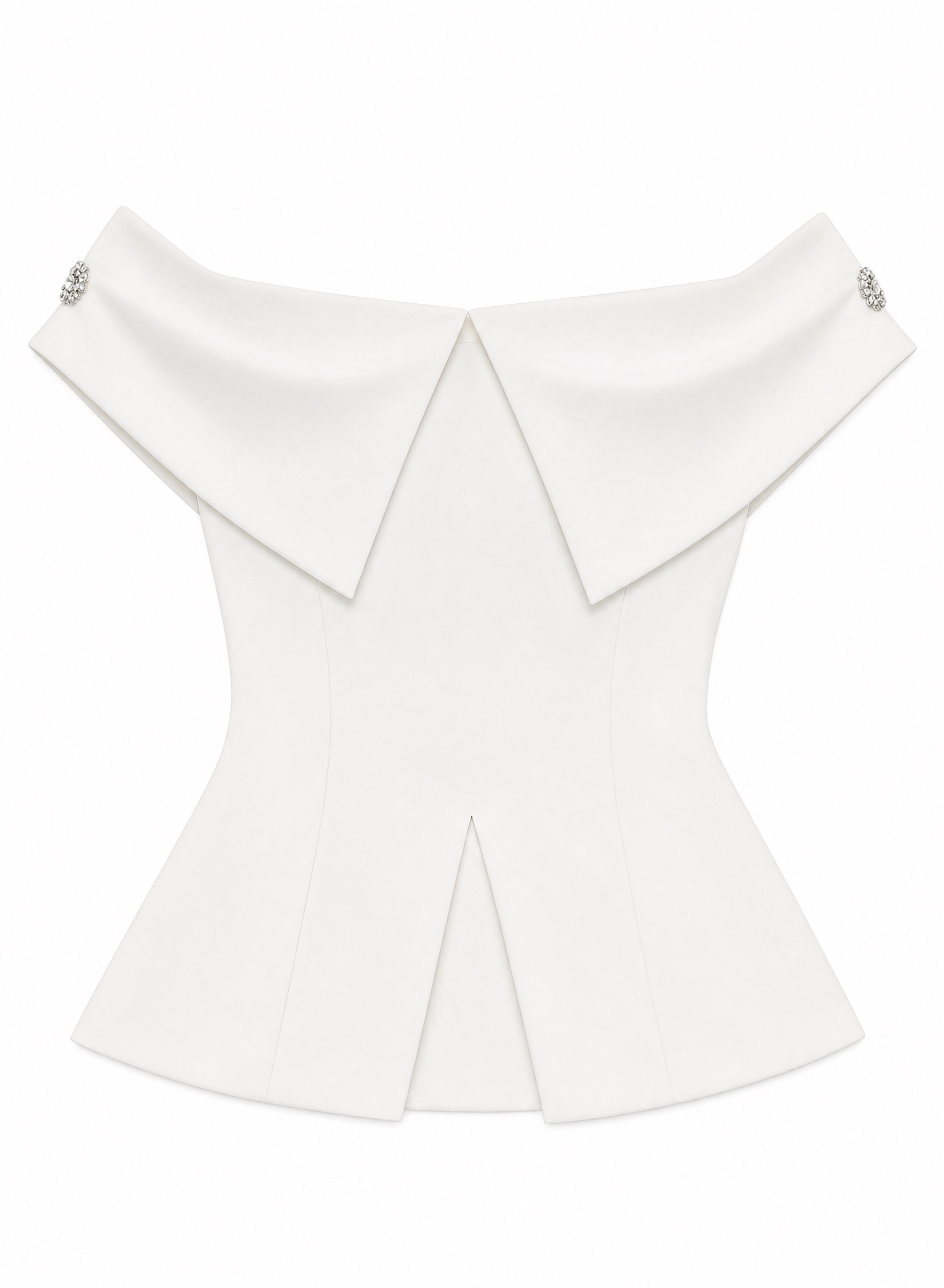 Generated flat lay of a white off-shoulder peplum top with folded collar panels, decorative fasteners, and a split front hem