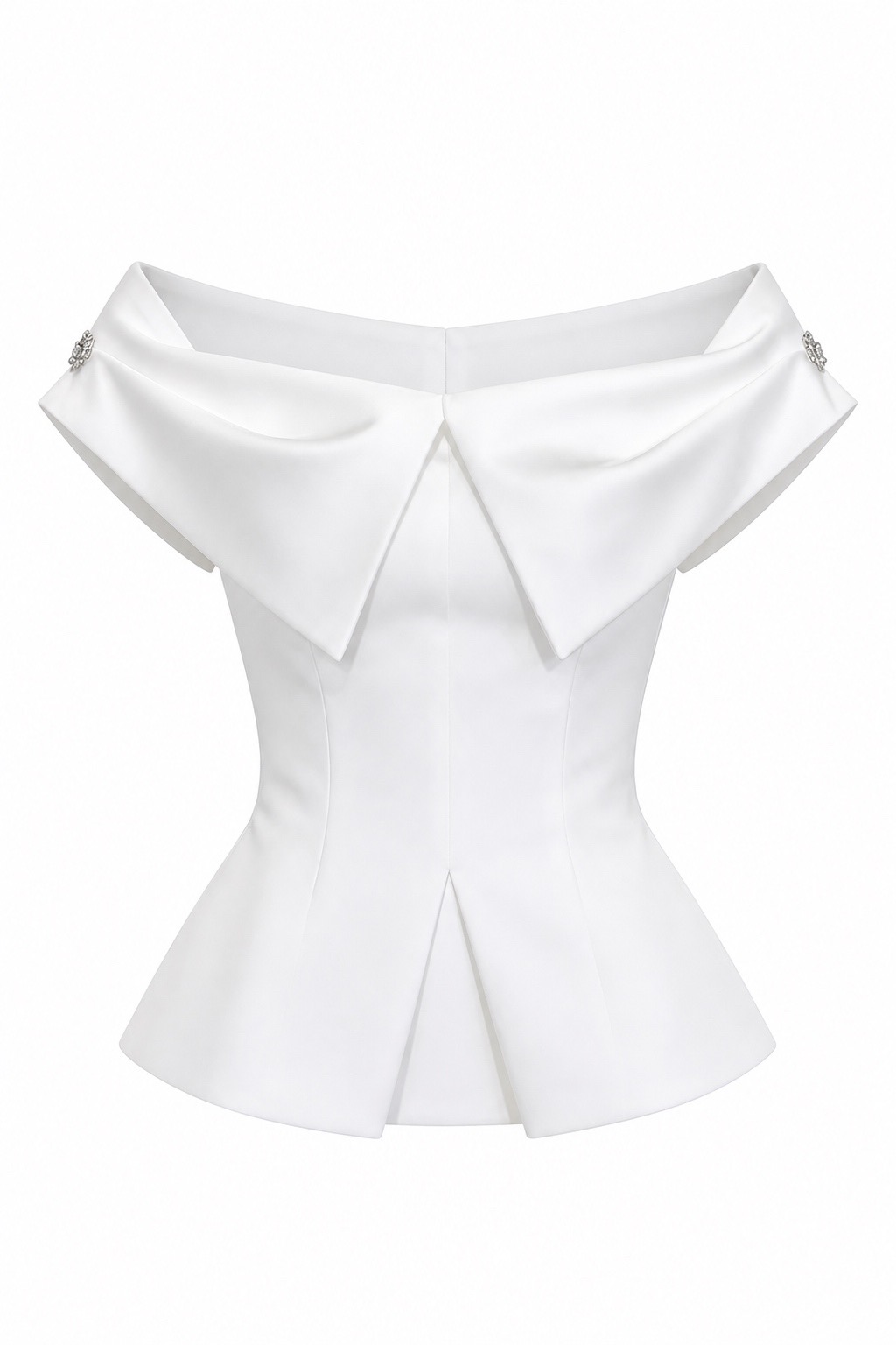White off-shoulder peplum top in a ghost mannequin presentation with shaped neckline, waist, and complete split hem