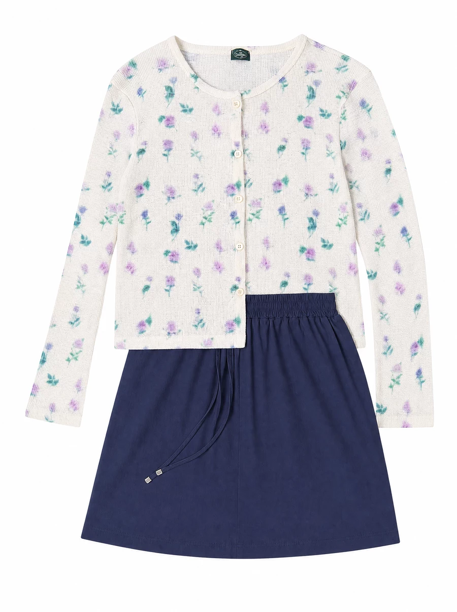 Floral cardigan and navy skirt AI flat lay on white background