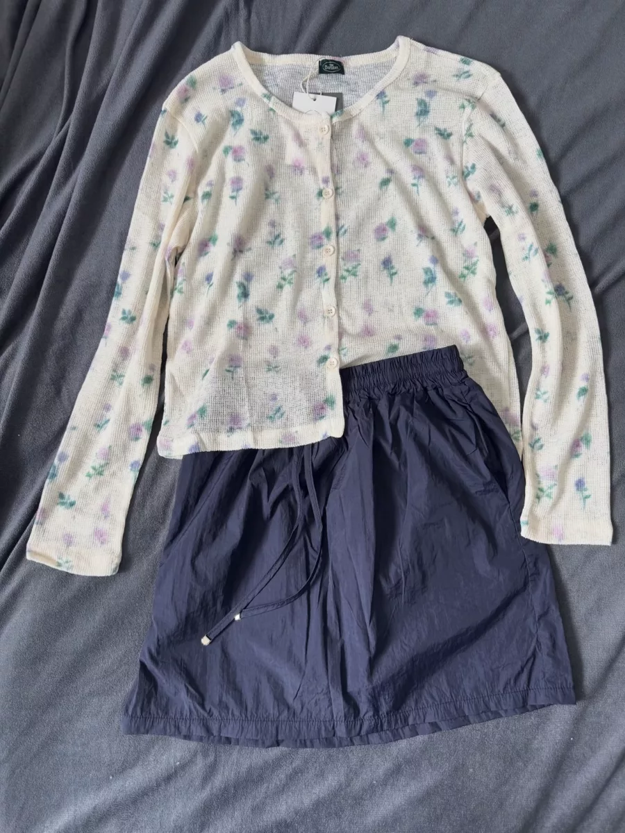 Floral cardigan and navy skirt source photo on dark fabric