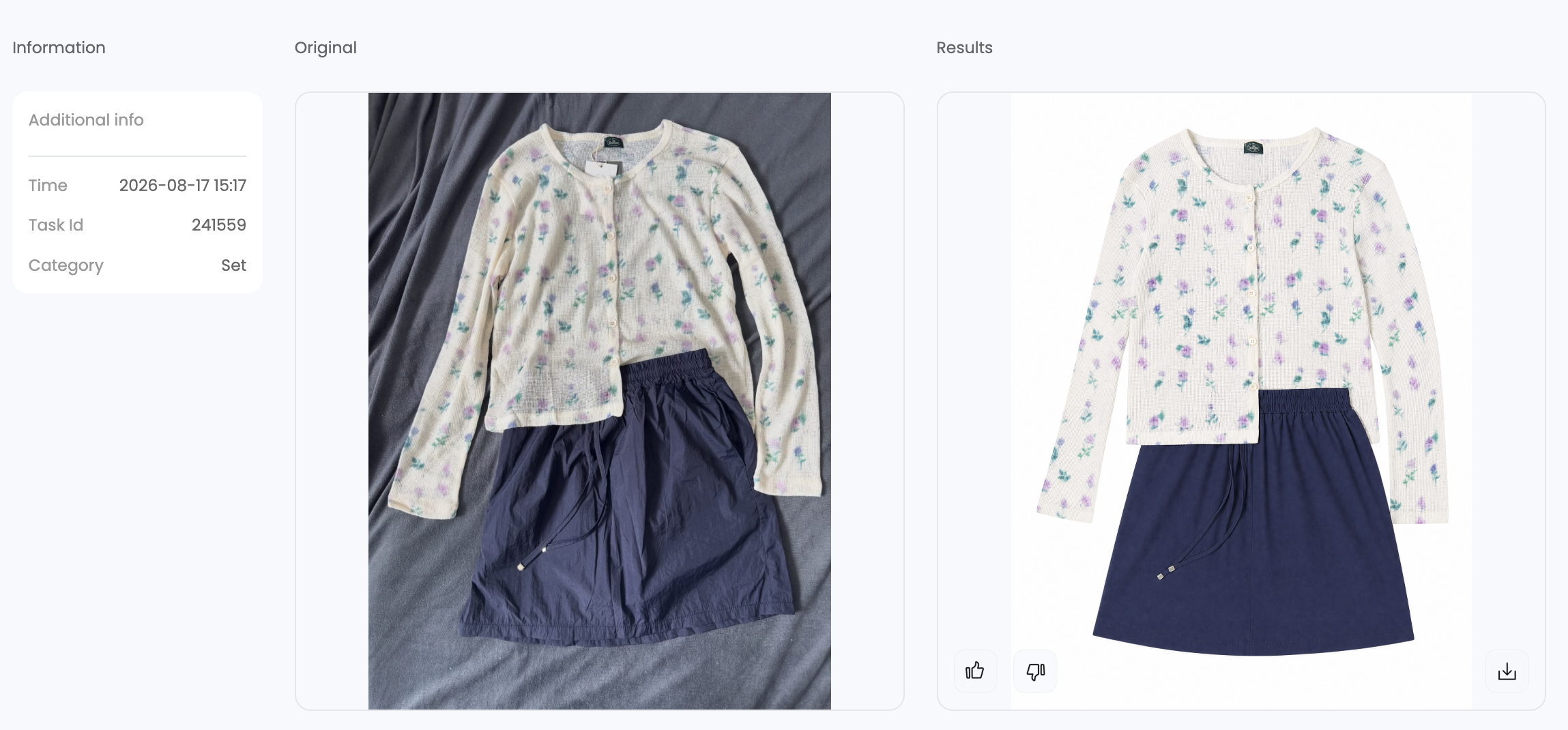 Snappyit task details page showing the original garment image and generated flat lay results
