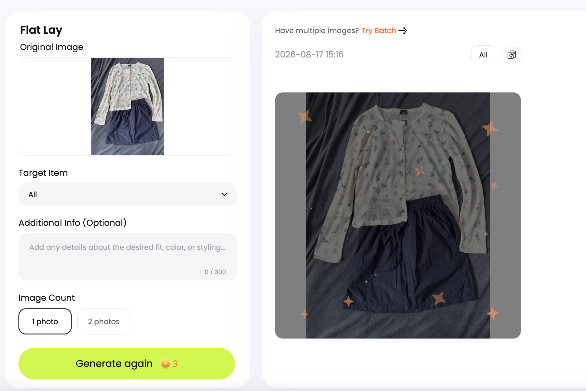 Snappyit Flat Lay workspace showing a source garment, generation settings, and the result area