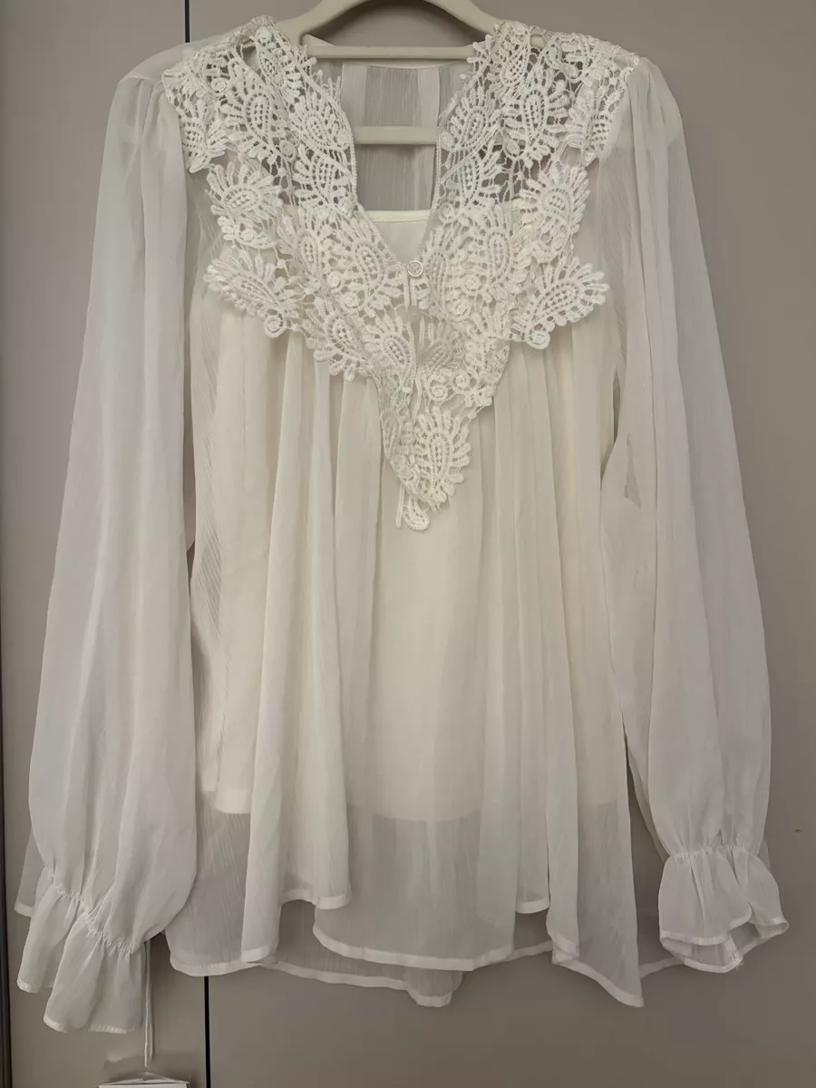 White lace blouse on a hanger before AI flat lay generation