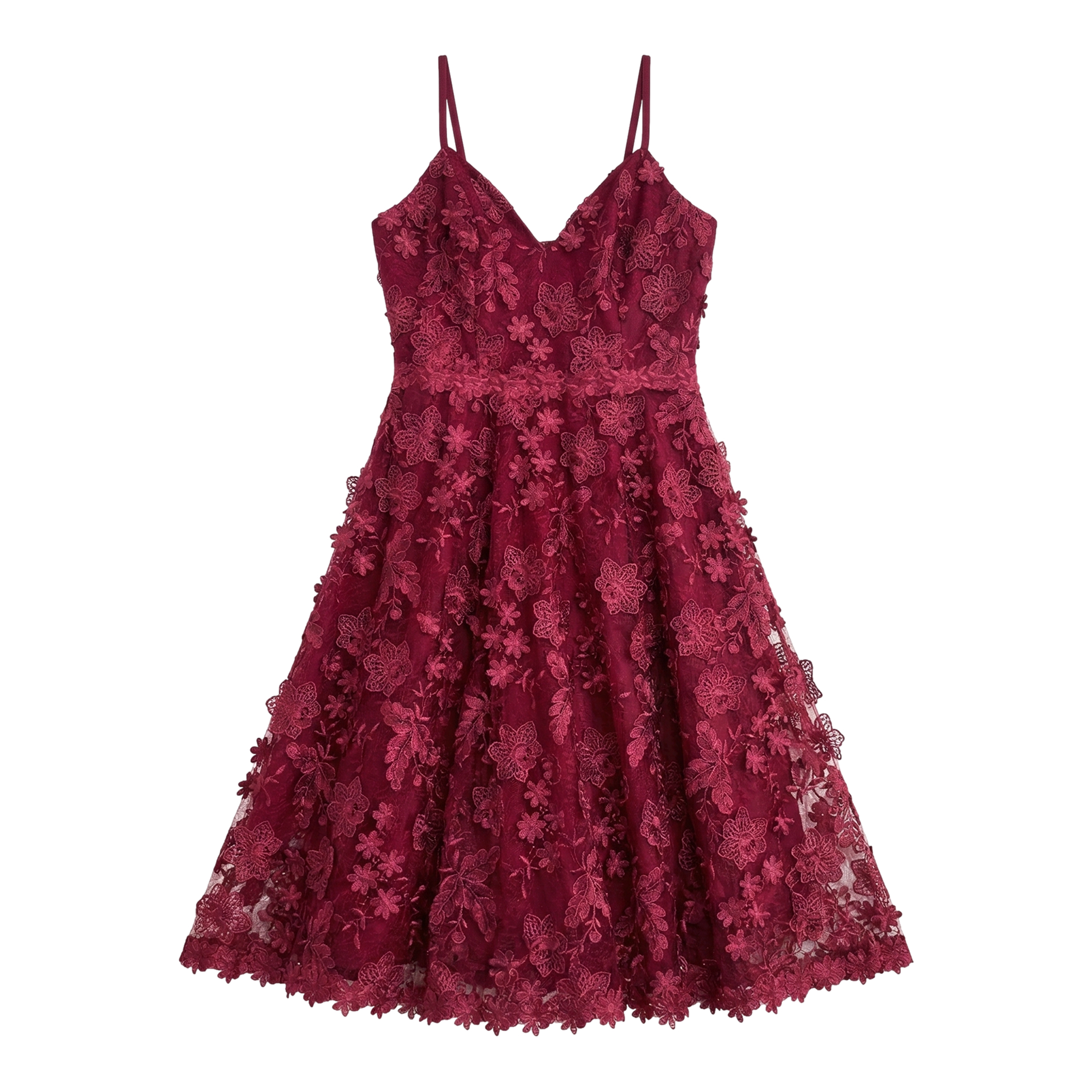 Burgundy lace dress professional flat lay on white background — AI generated with Snappyit