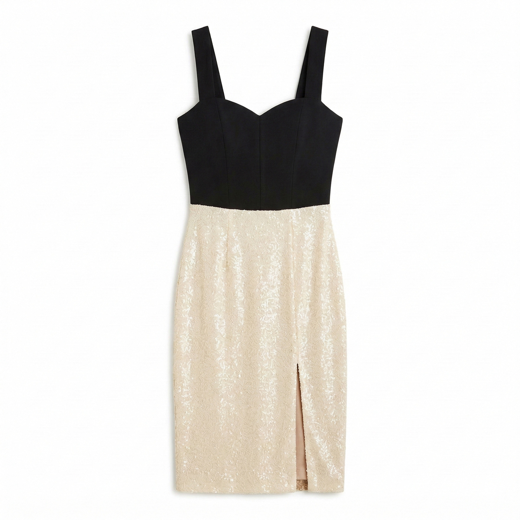 Black and champagne dress professional flat lay on white background — AI generated