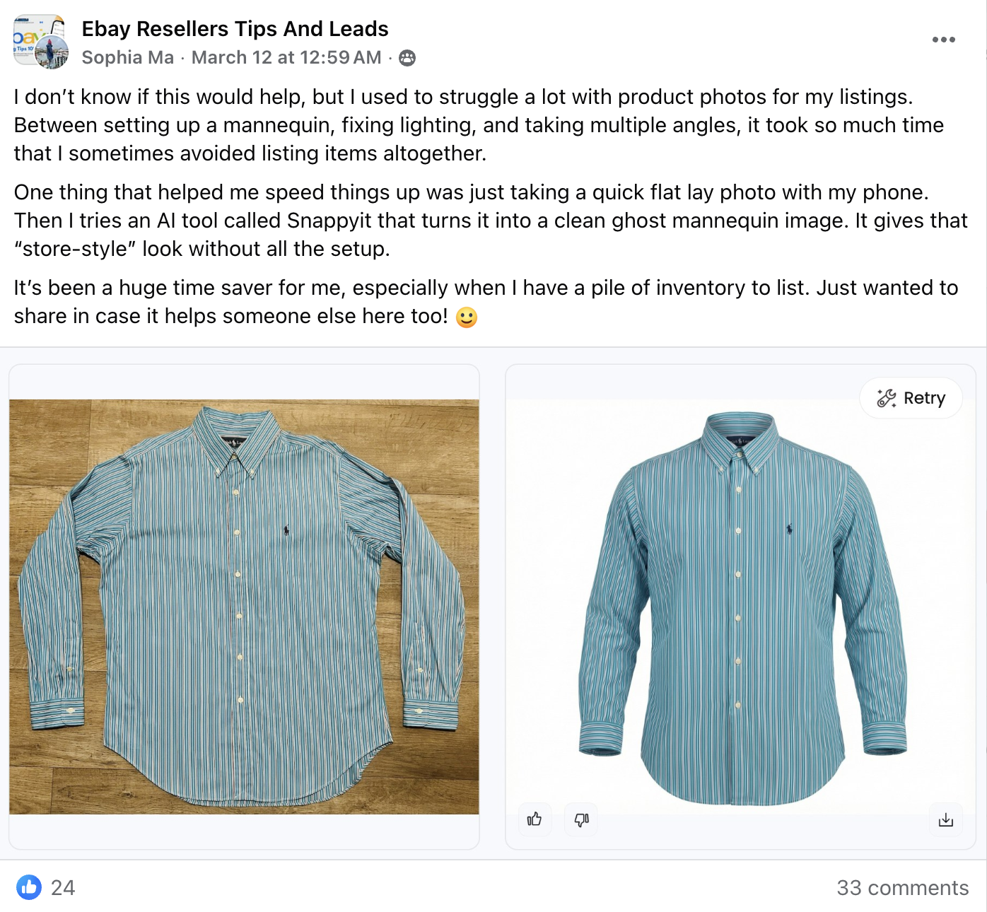 Facebook post from eBay Resellers Tips And Leads group — reseller sharing AI flat lay workflow with before and after photos, 24 likes and 33 comments