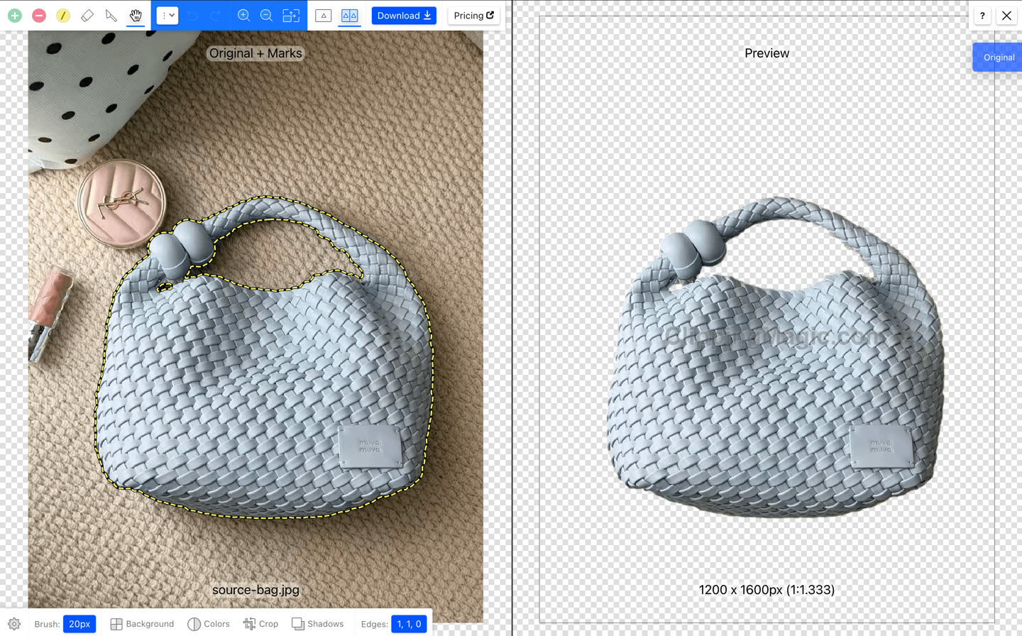 The Clipping Magic workspace, with the marked-up original on the left and a watermarked full-size preview on the right