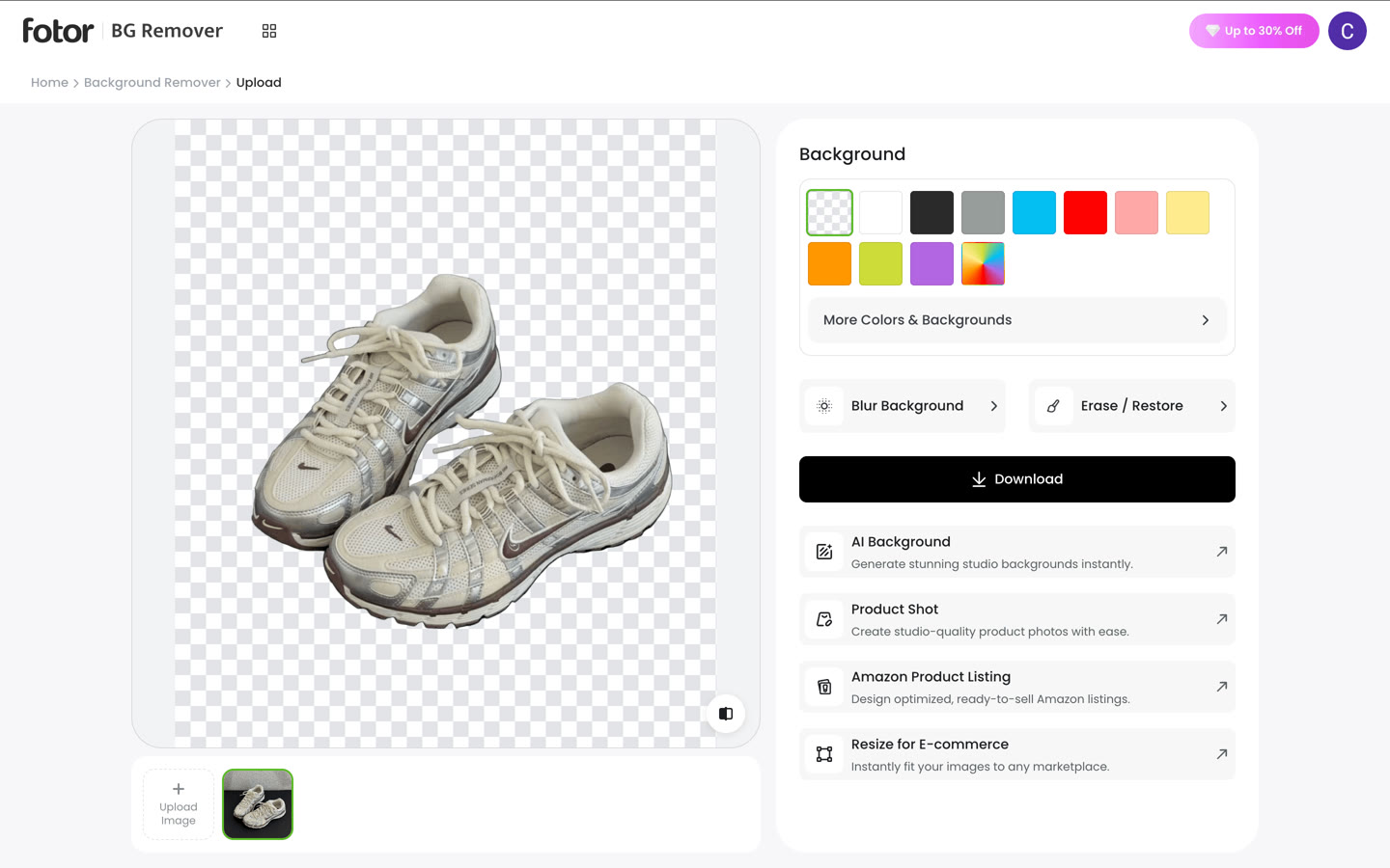 The Fotor BG Remover workspace, with background colour swatches, Blur Background and Erase or Restore, a Download button, and AI Background, Product Shot, Amazon Product Listing and Resize for E-commerce listed below it