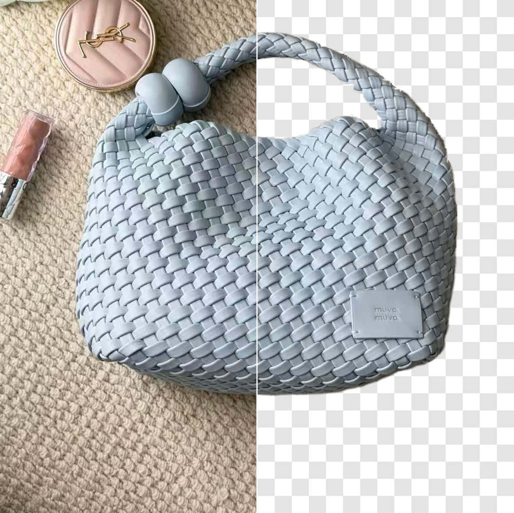 The woven handbag we tested, shown as the original photo on the left and the cutout on a transparent checkerboard on the right