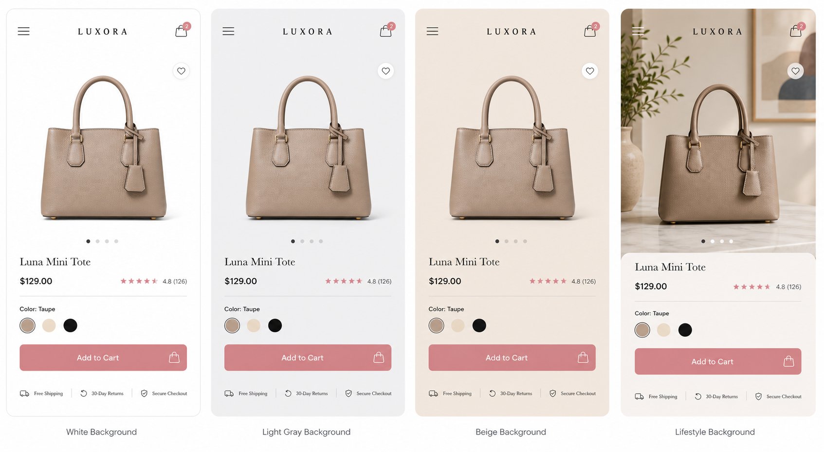 The same handbag listing shown on white, light-gray, beige and lifestyle backgrounds — what a clean free cutout lets a seller do