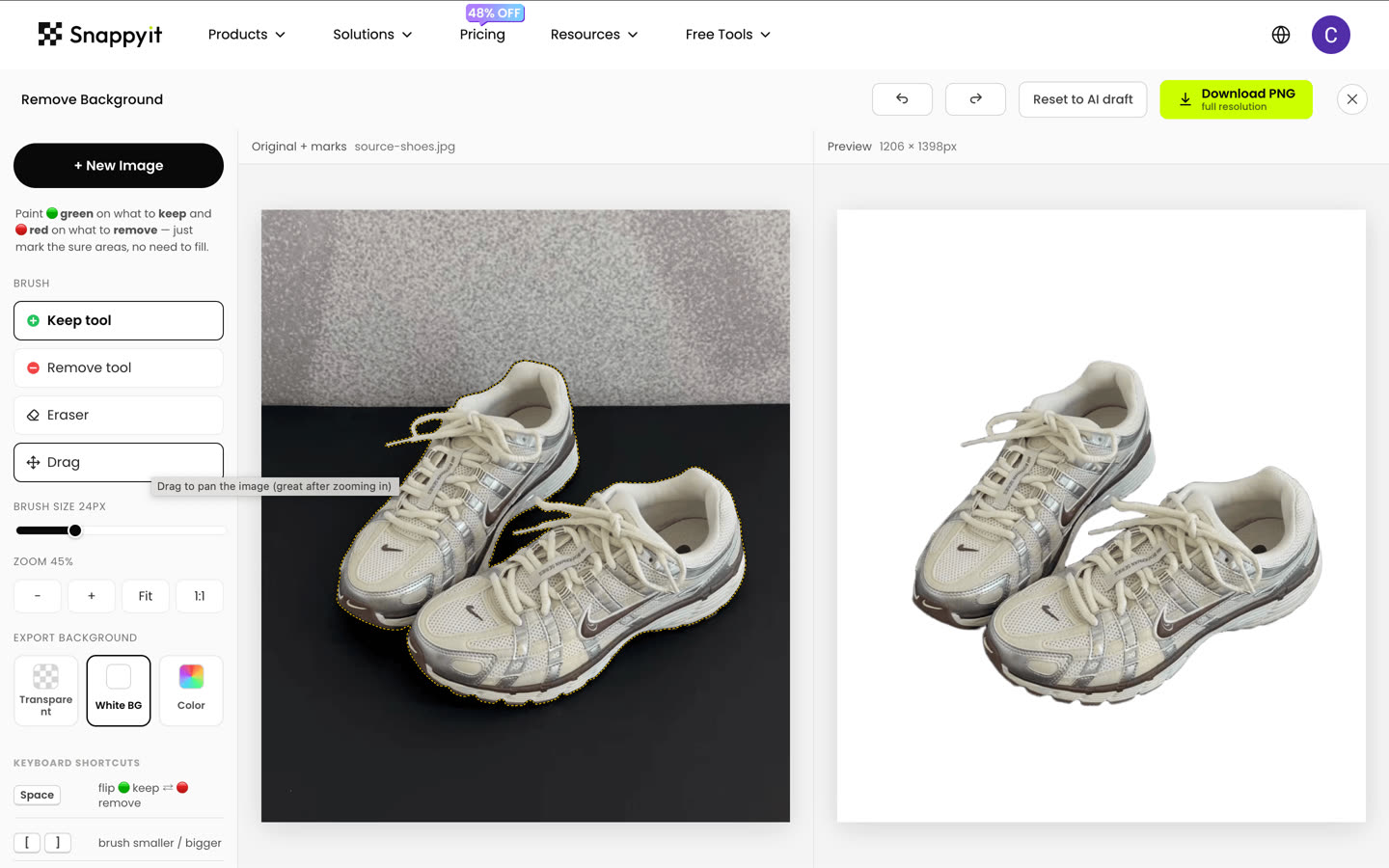 The Snappyit Remove Background workspace, with the Keep and Remove brushes on the left, the detected outline in the middle and the preview on the right