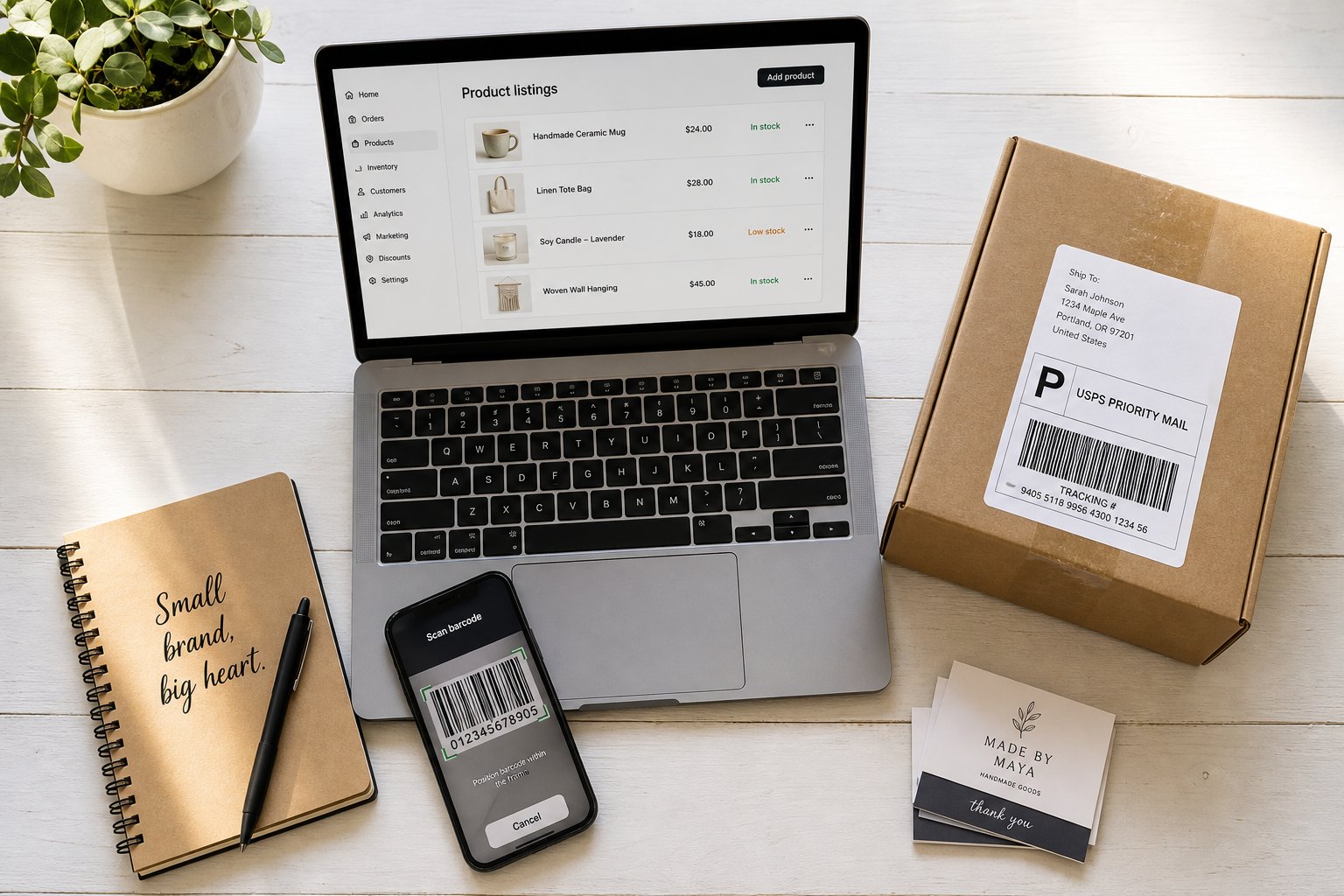 Online seller workspace with listings, barcode scanning, and shipping
