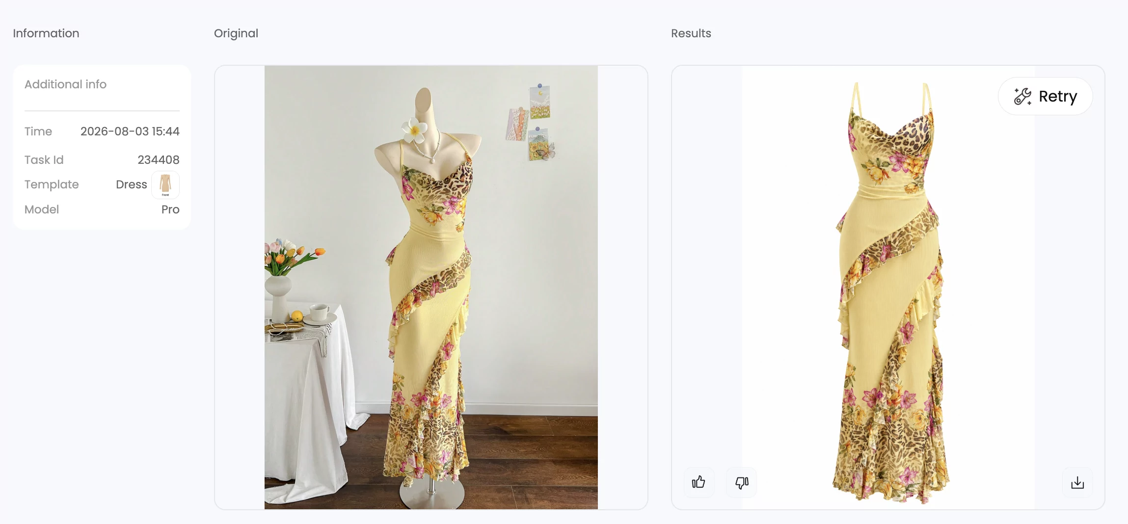 Snappyit Pro ghost mannequin test for an irregular floral and animal-print dress on a mannequin