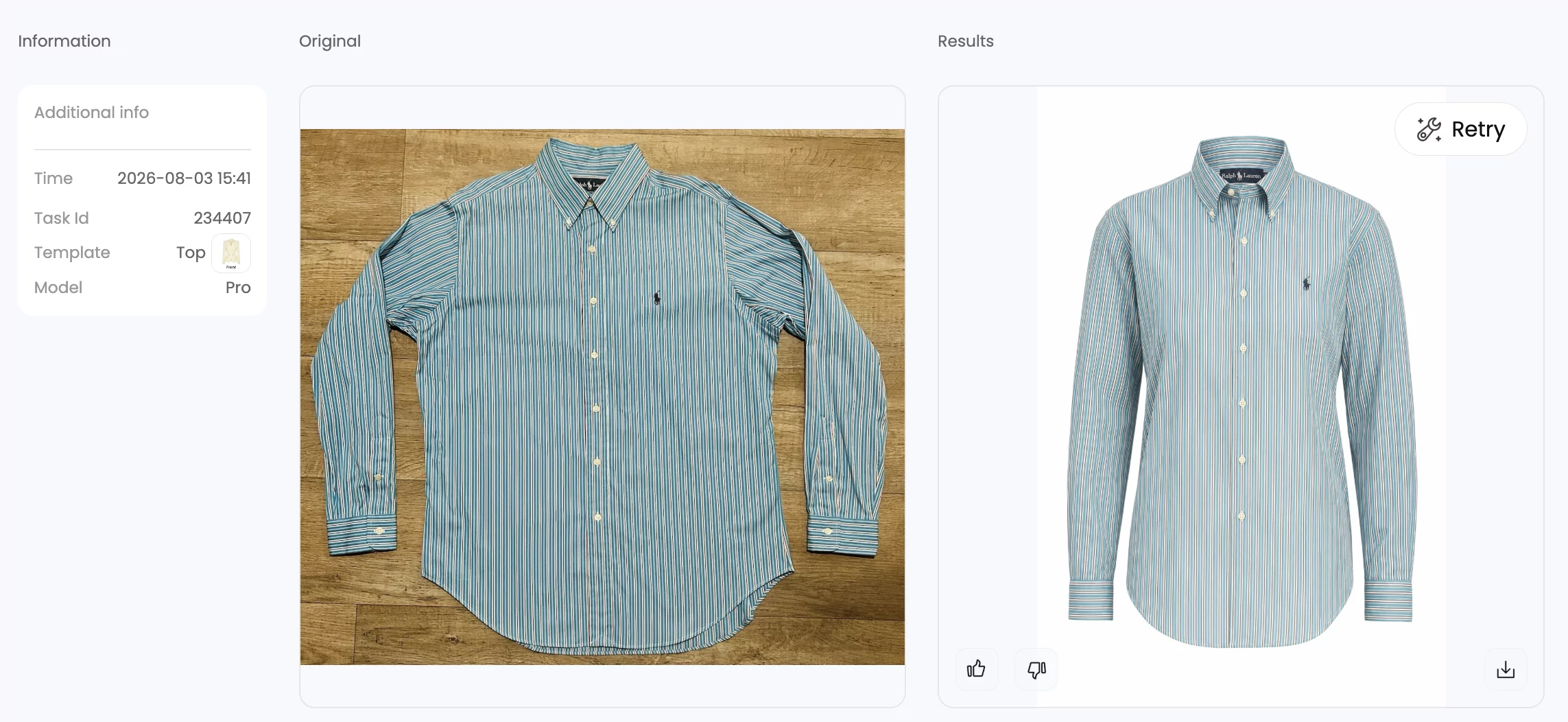 Snappyit Pro ghost mannequin test for a striped shirt, showing the original flat lay and generated result