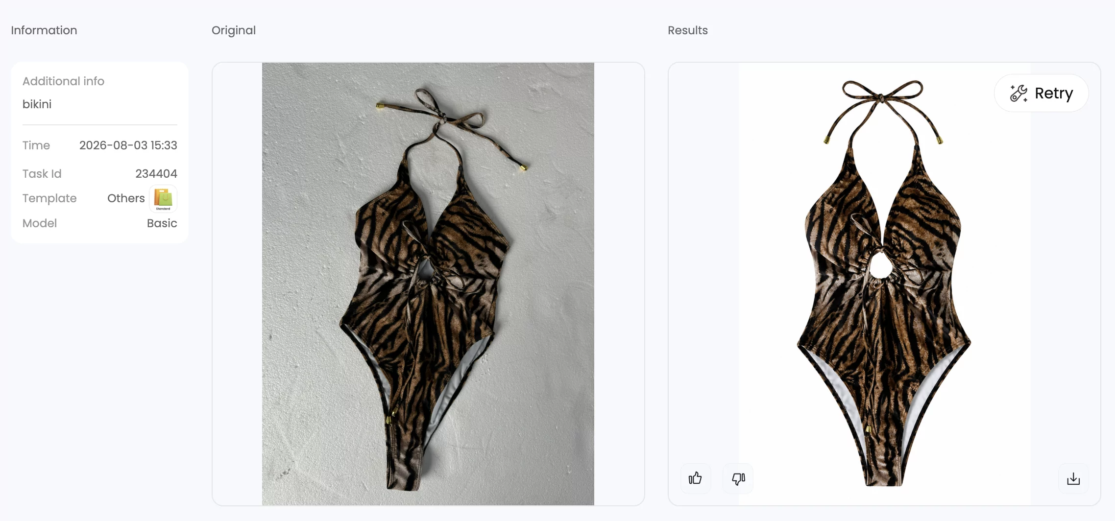 Snappyit ghost mannequin test for tiger-print swimwear from a flat-lay input