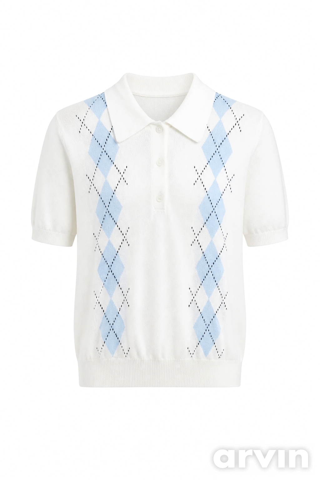Arvin ghost mannequin result for the argyle knit polo with an Arvin watermark