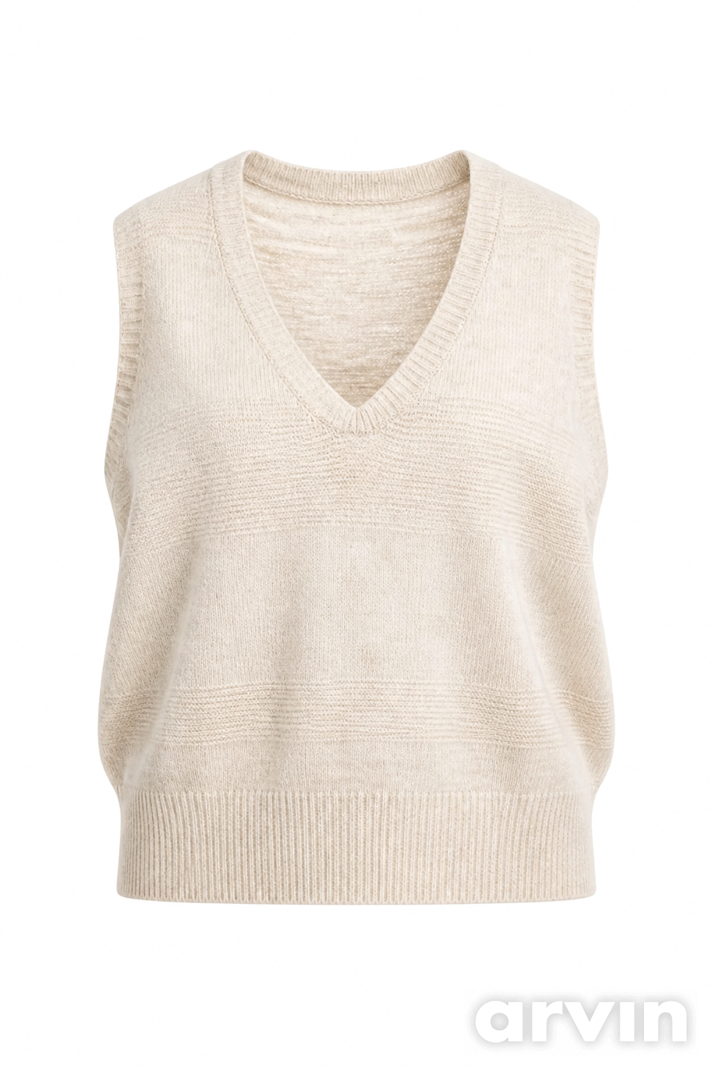 Arvin ghost mannequin result for the beige knit vest with an Arvin watermark