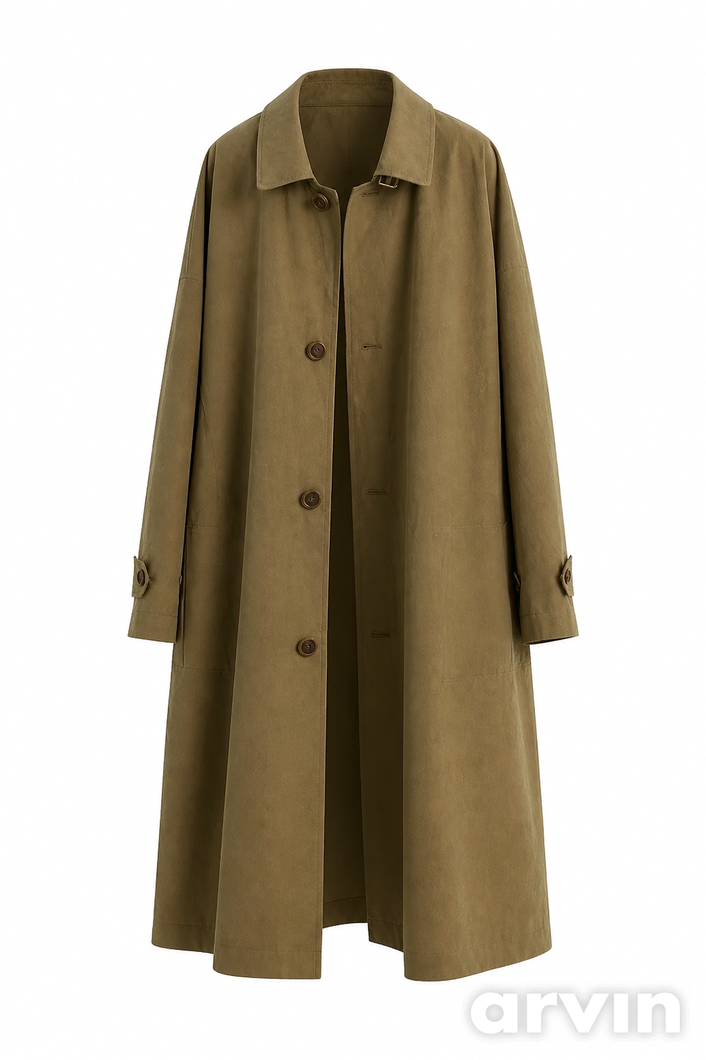 Arvin ghost mannequin result for the khaki trench coat with an Arvin watermark