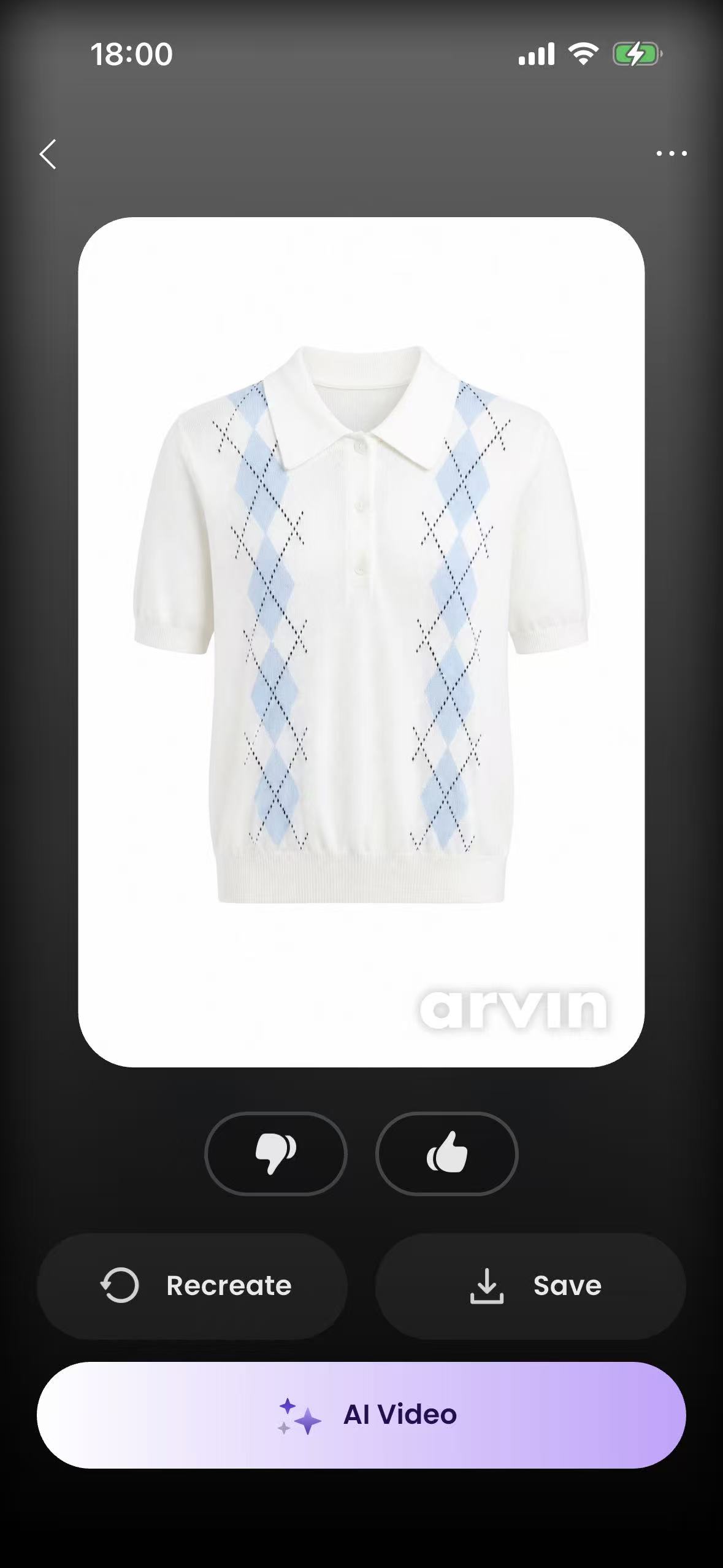 Arvin Ghost Mannequin result screen showing the generated knit polo