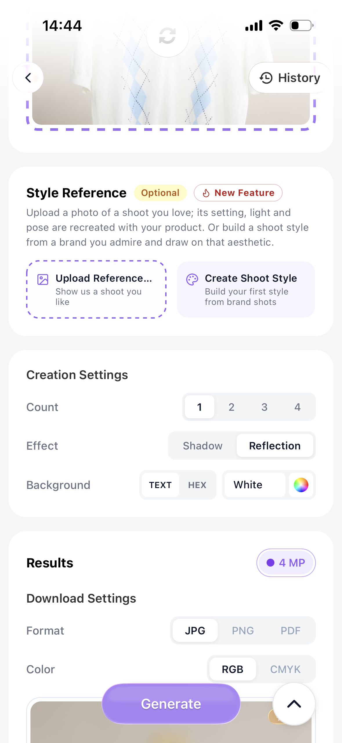 Diress product photo setup with style reference controls