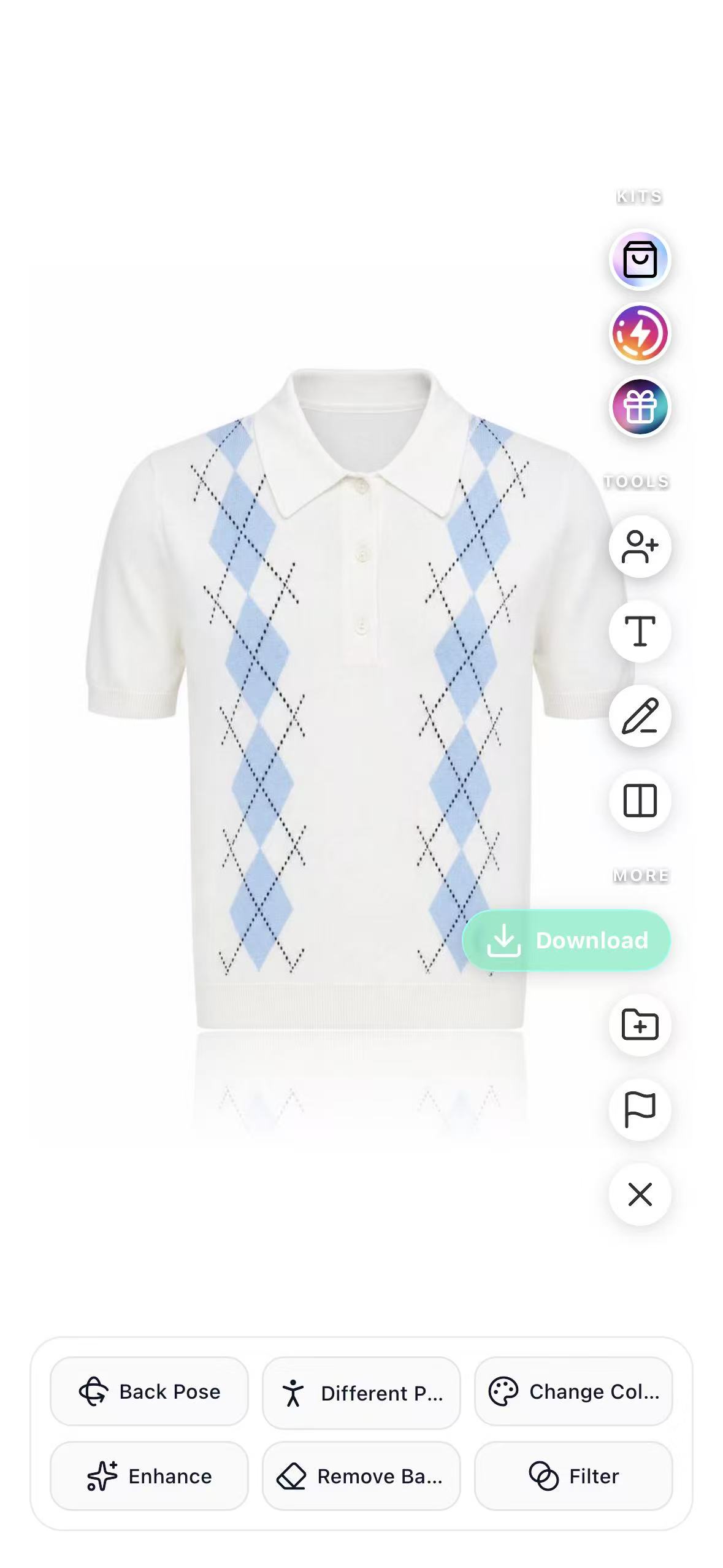 Diress result screen showing the generated ghost-mannequin-style knit polo