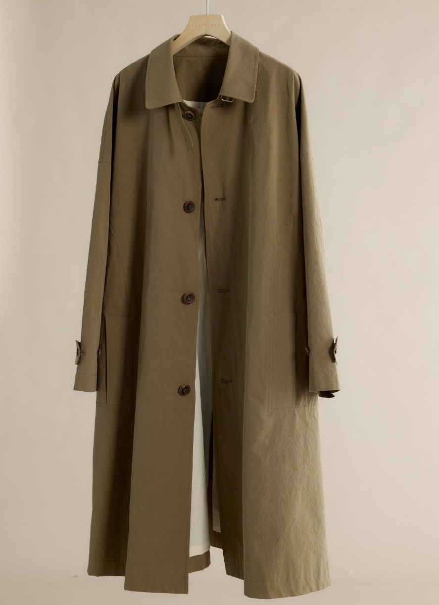 Original hanger photo of a khaki long trench coat