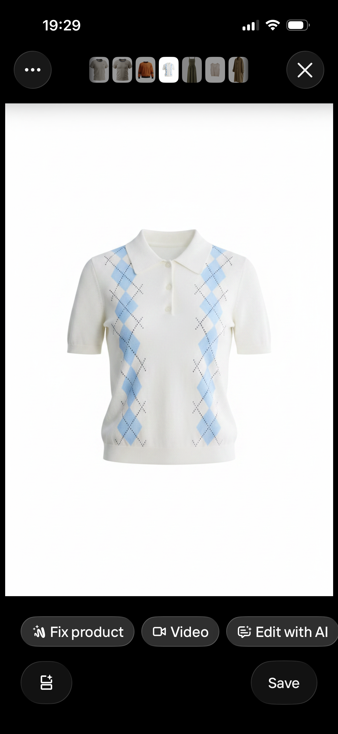 Photoroom Ghost Mannequin result screen showing the generated knit polo