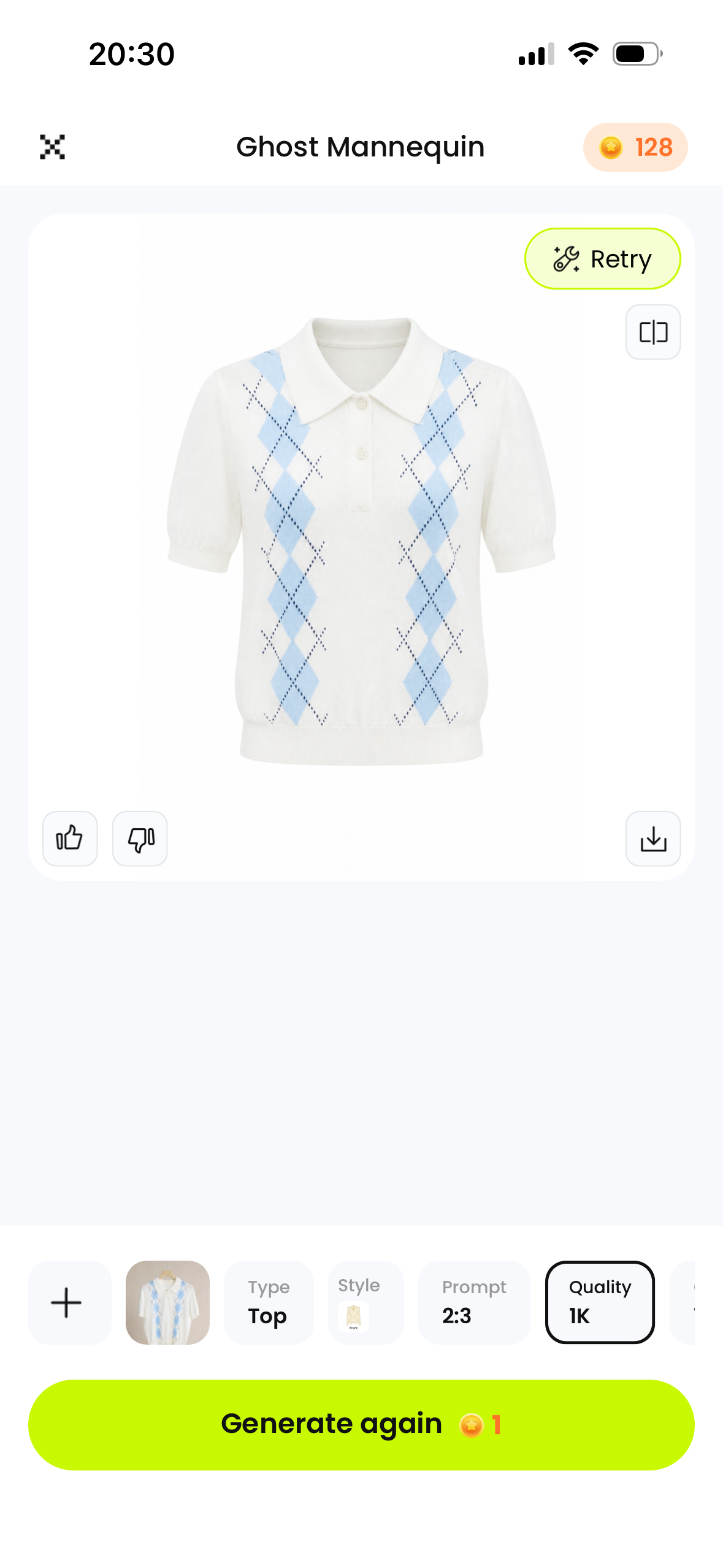 Snappyit Ghost Mannequin result screen showing the generated knit polo