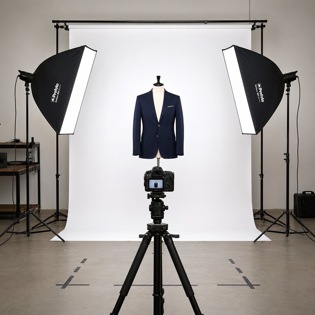 a standard two light ghost mannequin studio setup with marked floor positions for catalog consistency