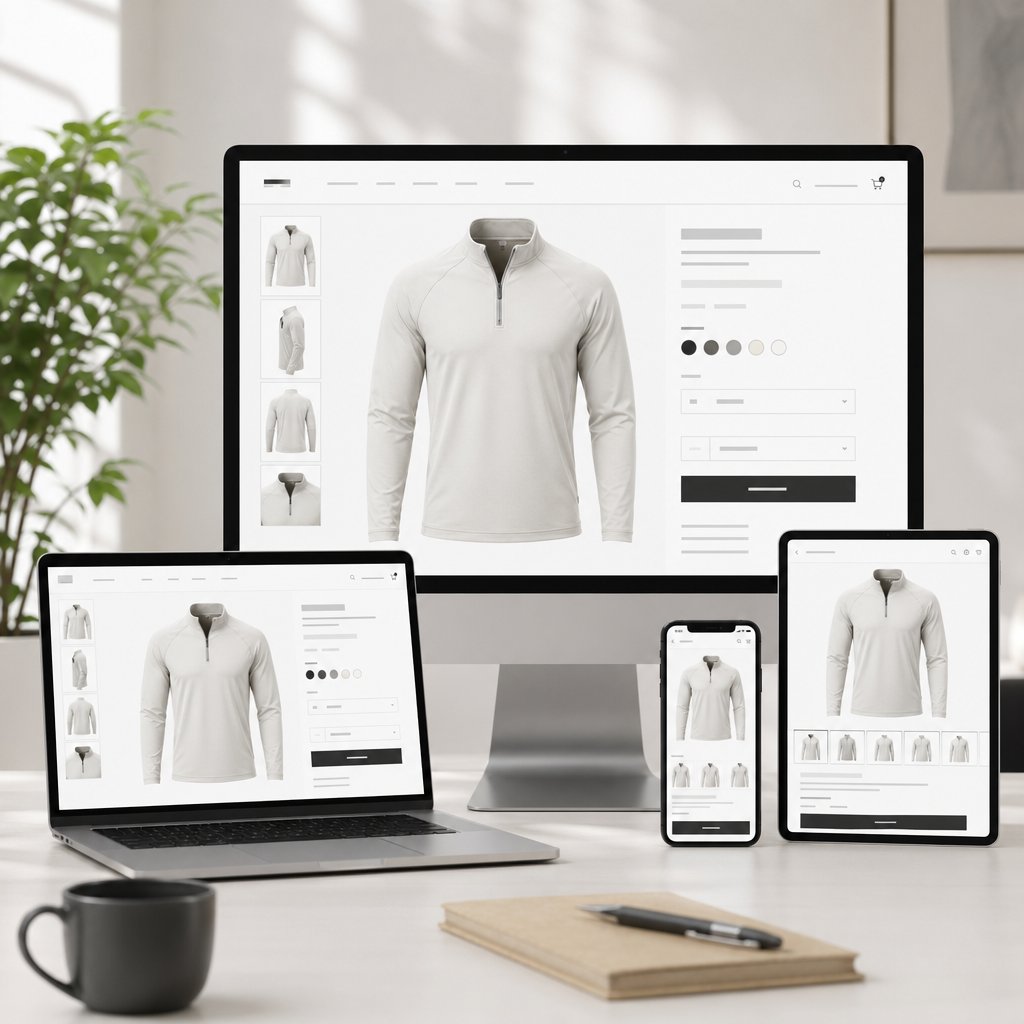 ghost mannequin product images displayed across multiple ecommerce platforms with consistent formatting