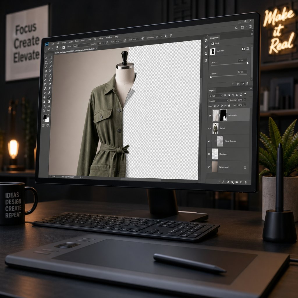 post production editing workflow showing layer masking and mannequin removal in photo editing software