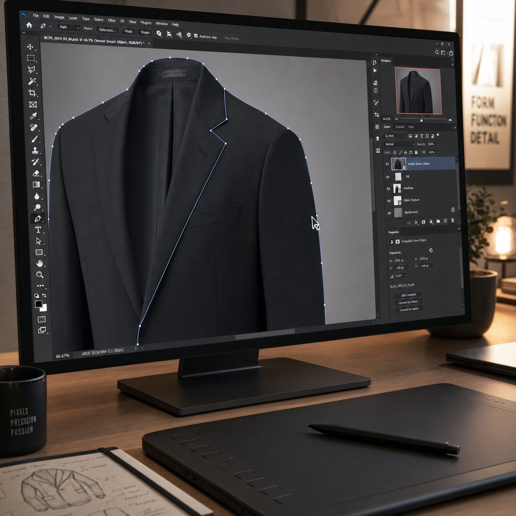 precise pen tool paths along collar edges and lapels determine whether the final ghost mannequin composite looks professional or obviously edited