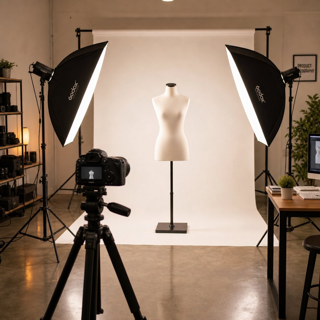 professional ghost mannequin studio setup with softbox lighting tripod and modular mannequin form