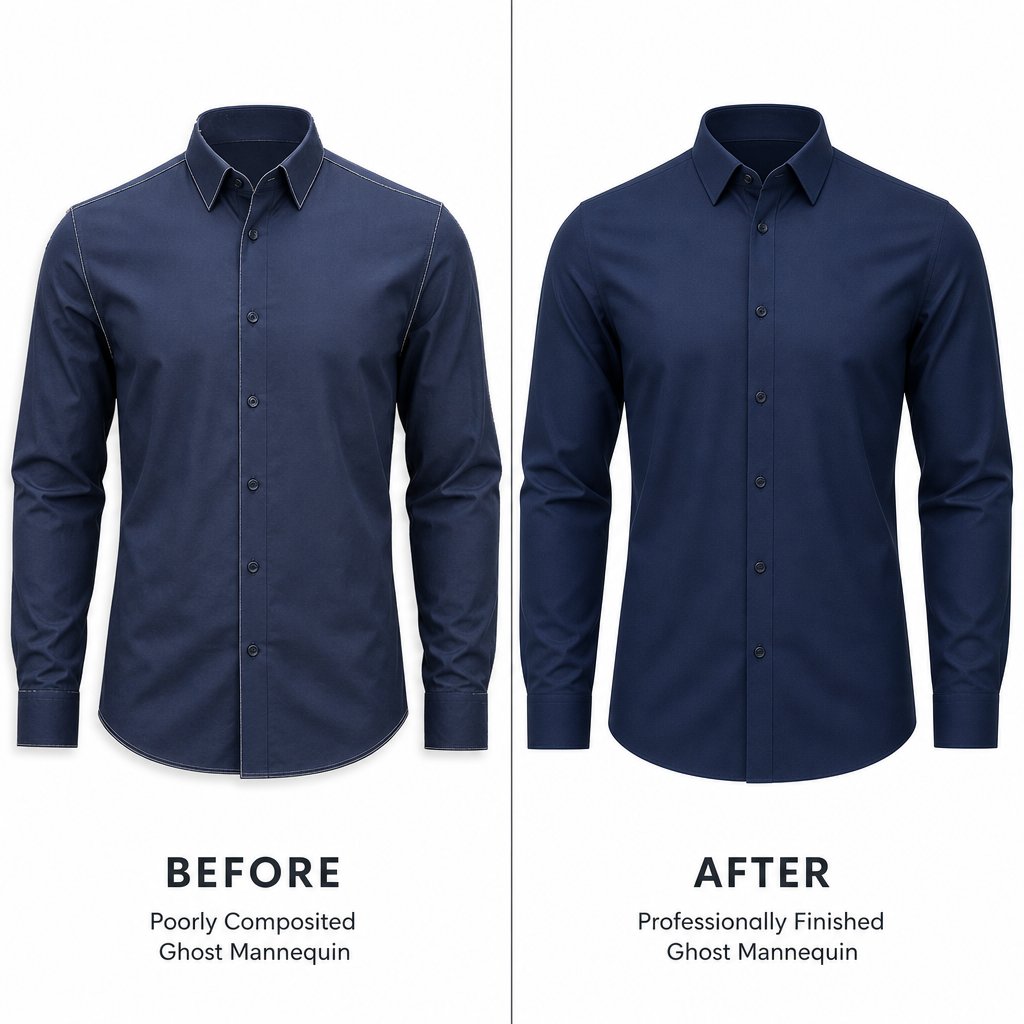 before and after comparison showing common ghost mannequin editing mistakes versus a polished final result