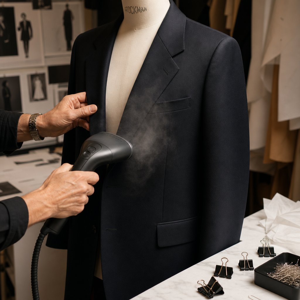 garment preparation with steaming and styling tools before a ghost mannequin photography session