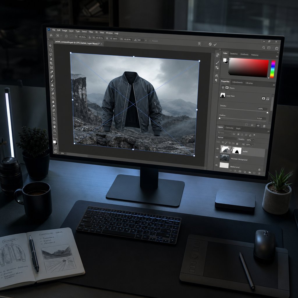 post production editing workflow showing layer masking and mannequin removal in progress