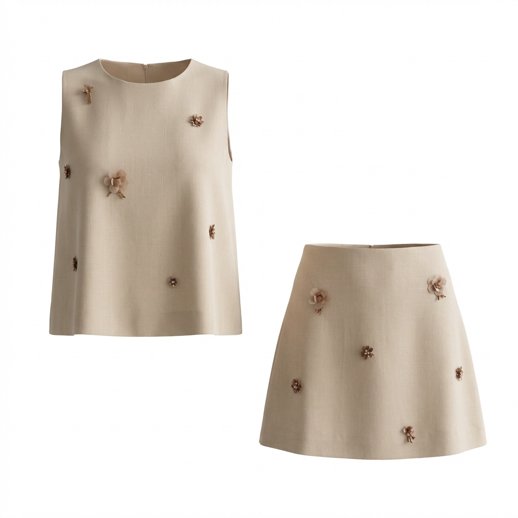 Beige clothing set after ghost mannequin processing