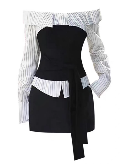 Black and striped dress shown in a structured invisible mannequin view
