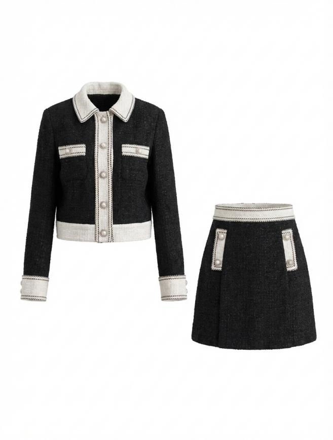 Black jacket and skirt shown as a ghost mannequin product image